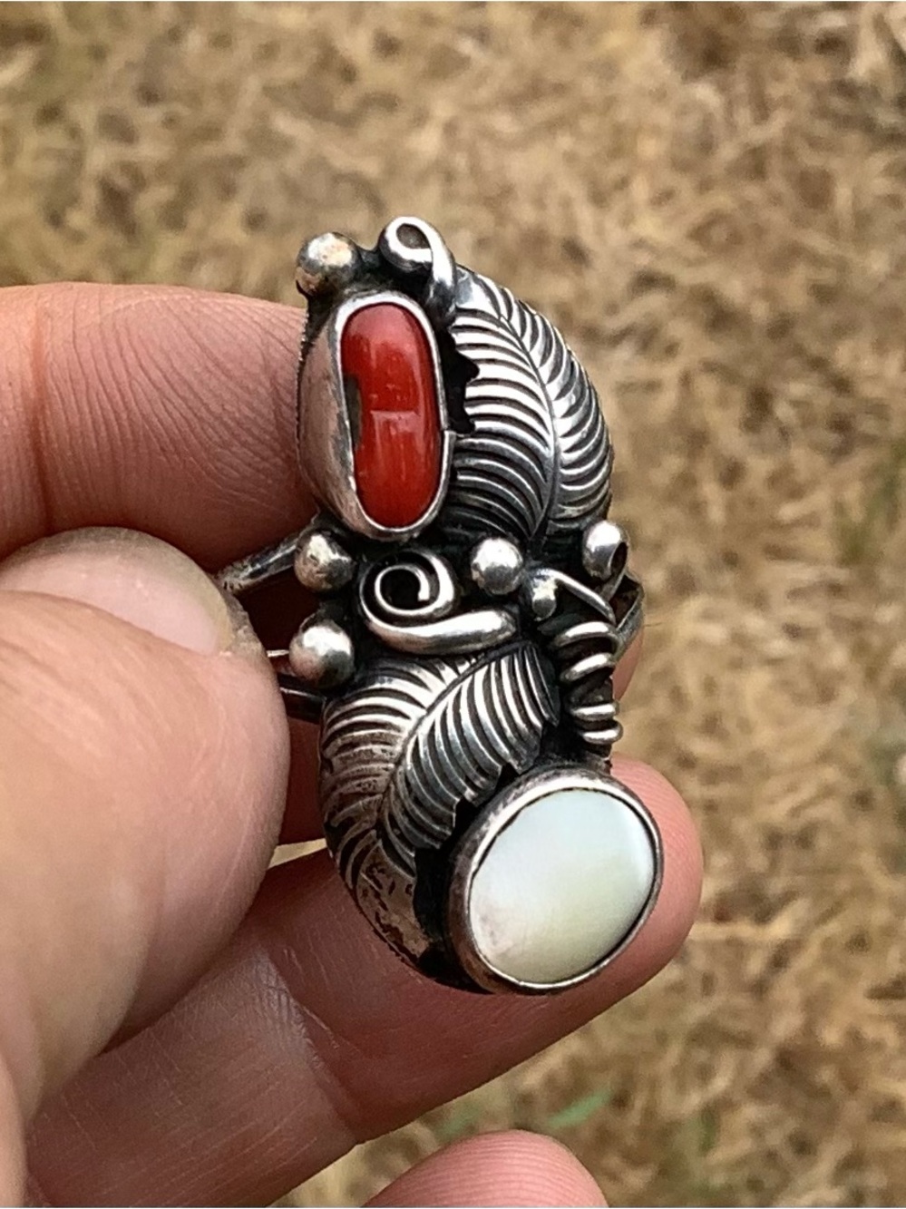 Vintage Coral and MOP Sterling Ring